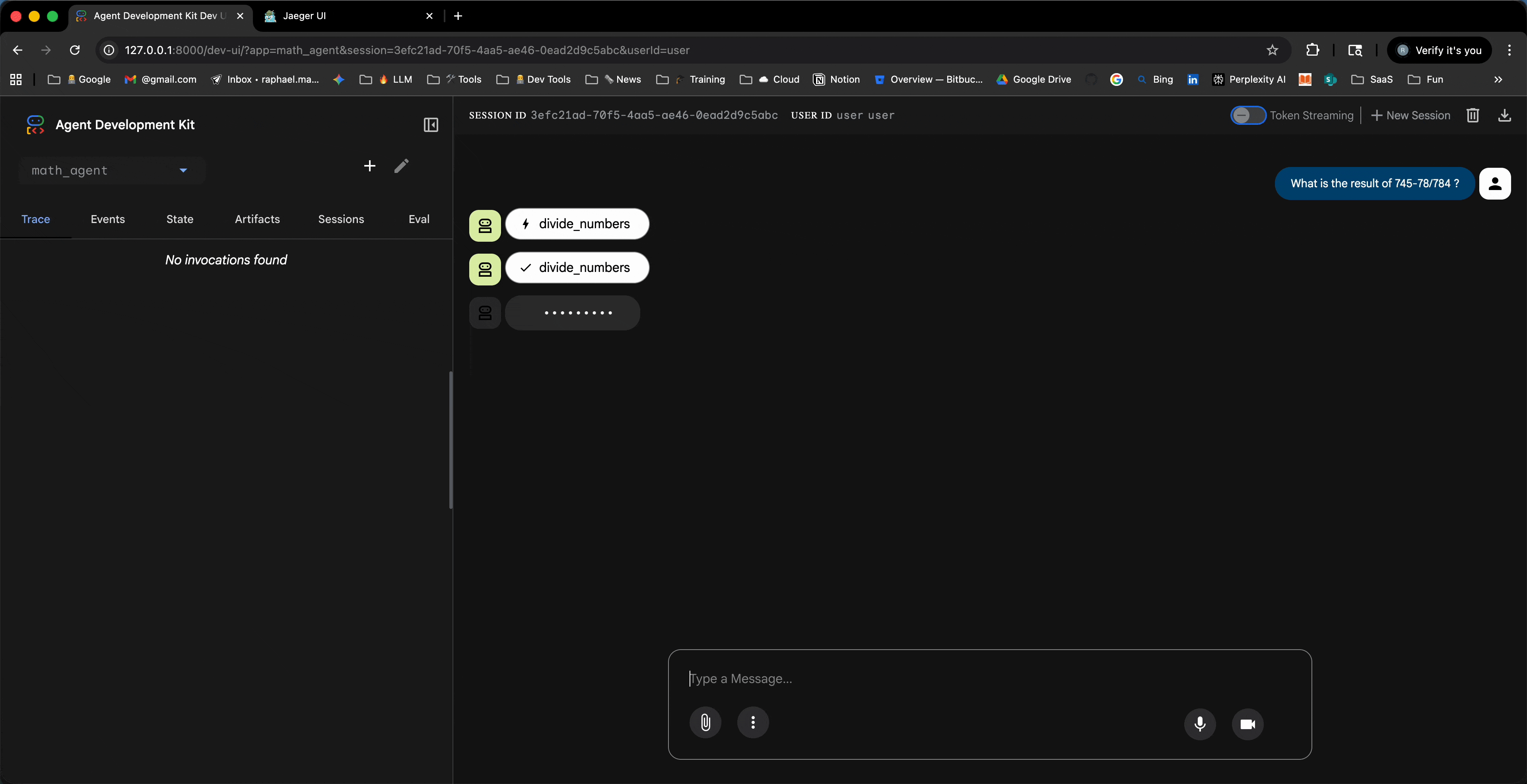 Jaeger UI showing traces from an ADK agent